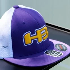 HB Sports Apparel Headbanger Sports Exclusive I8501 Cap America Flexfit Performance Trucker Mesh Back Hat: Purple / Yellow / White