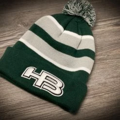HB Sports Striped Color Winter Pom-Pom Beanie Hat: Green And Silver Apparel