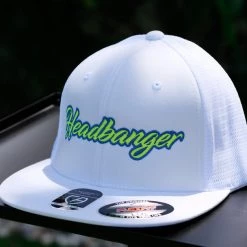 HB Sports Apparel Headbanger Sports Exclusive I8501 Cap America Flexfit Performance Trucker Mesh Back Hat: White / Neon / Blue