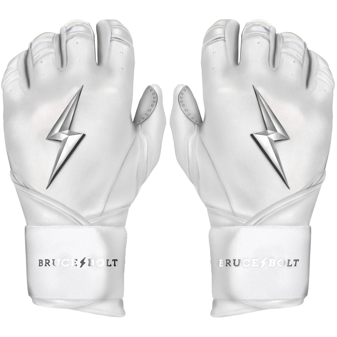Bruce Bolt PREMIUM PRO Chrome Series Long Cuff Batting Gloves: White 3 Bruce Bolt PREMIUM PRO Chrome Series Long Cuff Batting Gloves: White