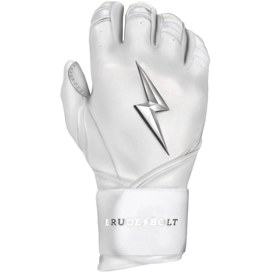 Bruce Bolt PREMIUM PRO Chrome Series Long Cuff Batting Gloves: White 9 Bruce Bolt PREMIUM PRO Chrome Series Long Cuff Batting Gloves: White