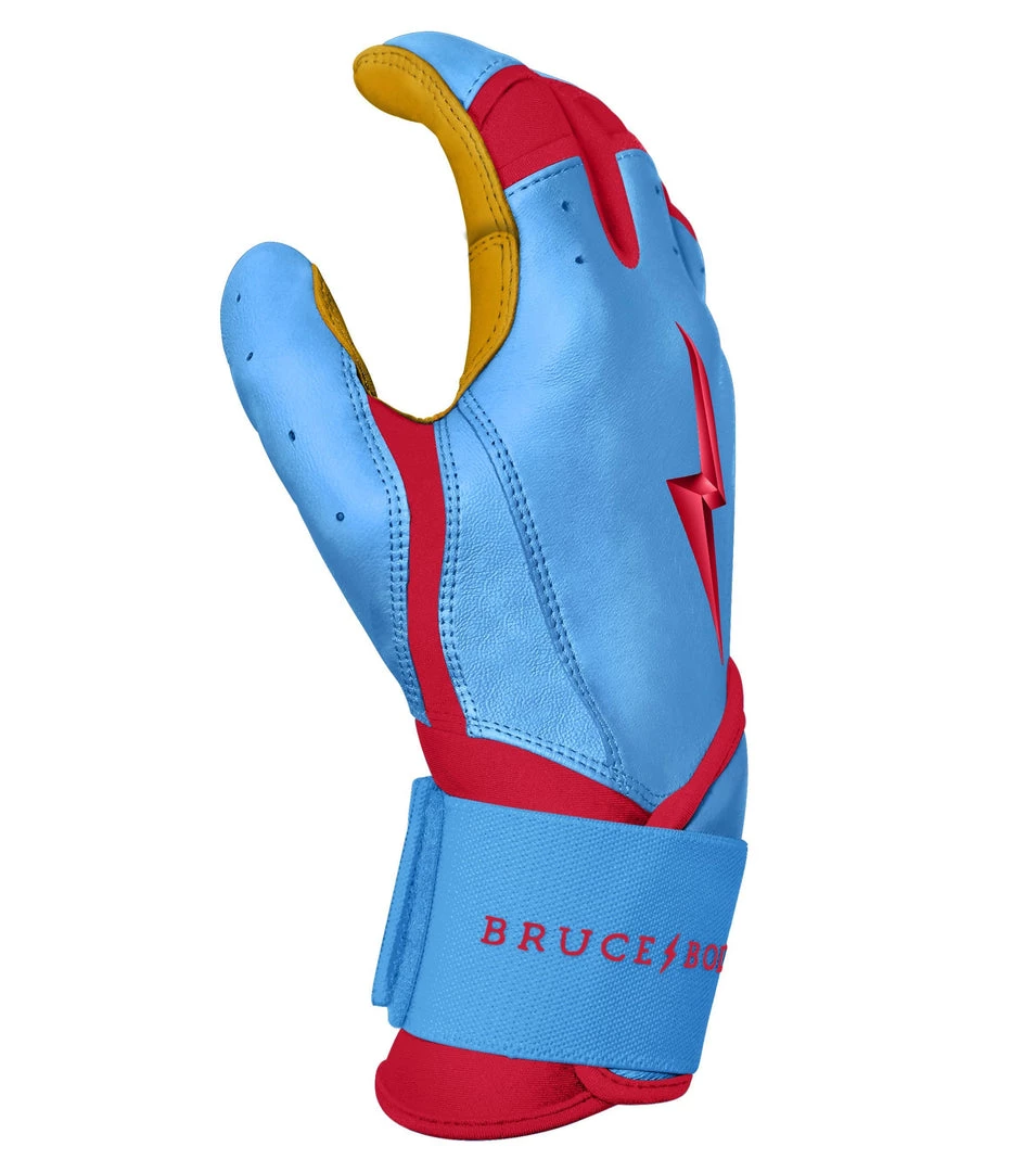 Bruce Bolt PREMIUM PRO BADER Series Long Cuff Batting Gloves: Baby Blue Gear 7 Bruce Bolt PREMIUM PRO BADER Series Long Cuff Batting Gloves: Baby Blue Gear