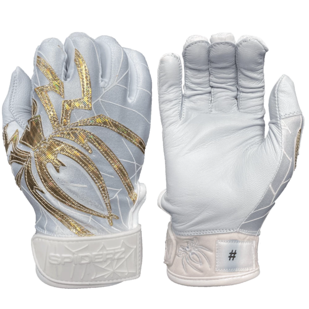 2022 Spiderz PRIZM Batting Gloves: White/Gold Gear 3 2022 Spiderz PRIZM Batting Gloves: White/Gold Gear