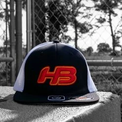 HB Sports Apparel Headbanger Sports I8501 Cap America Flexfit Performance Trucker Mesh Back Hat: Black / White / Sunset